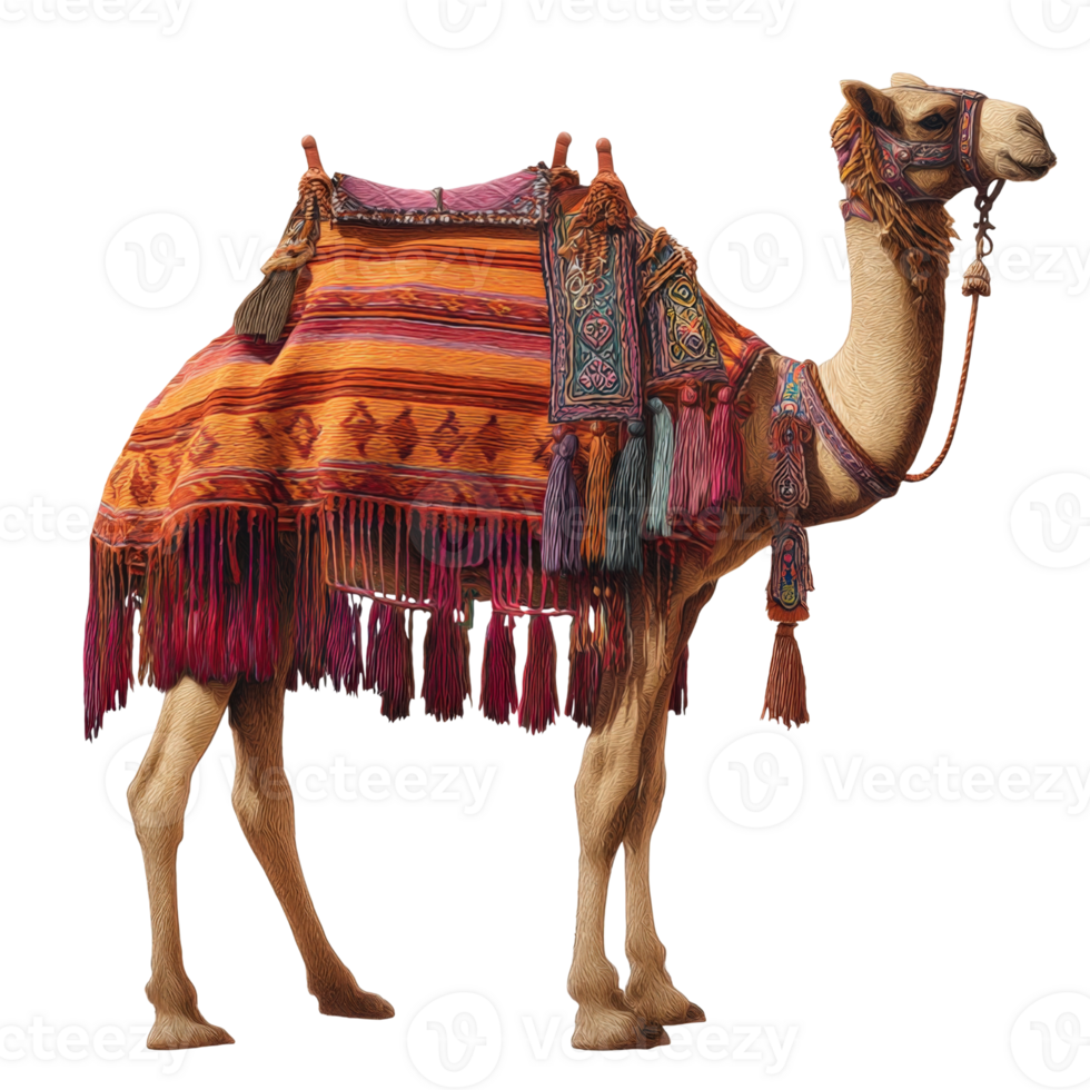 Decorative Camel Adorned with Colorful Blankets and Accessories on a Transparent Background png