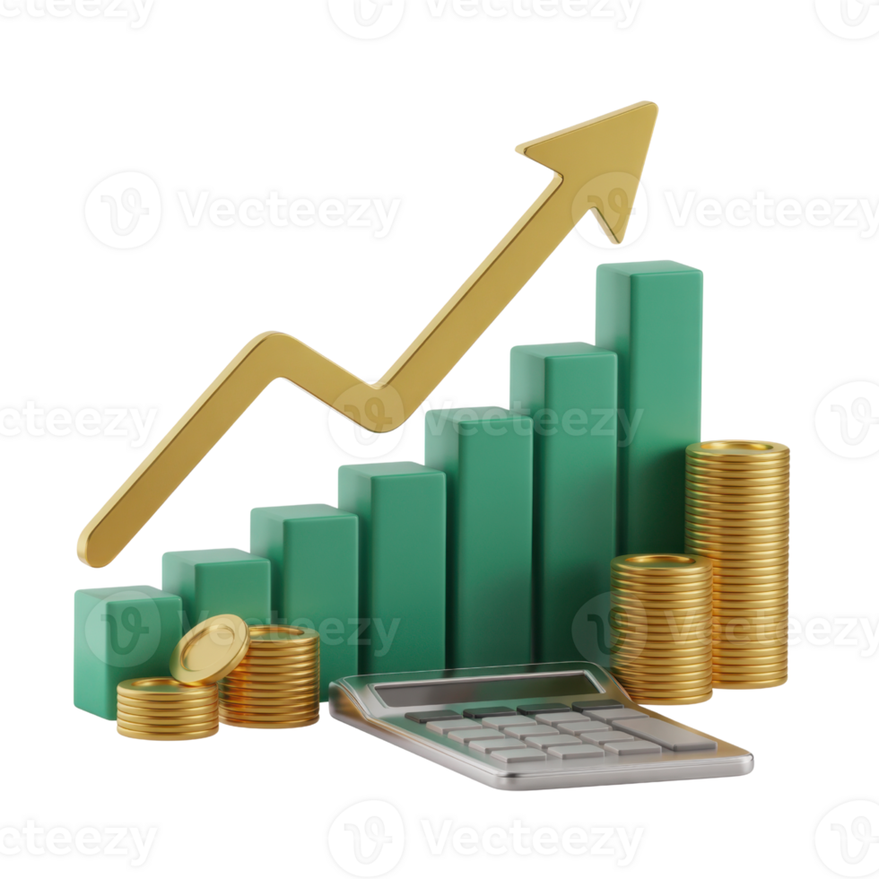 Financial Growth Concept With Green Bar Graphs And Gold Coins On transparent Background png