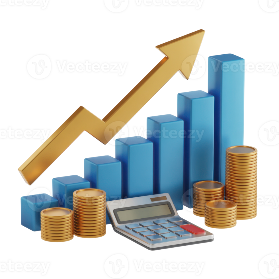Financial Growth Concept with Blue Bar Chart Golden Arrow and Stacked Coins on Transparent Background png