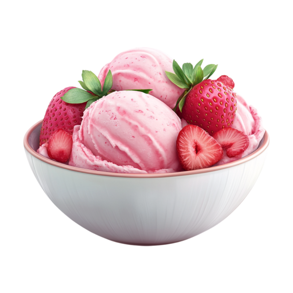 strawberry ice cream in bowl with strawberries on transparent background png