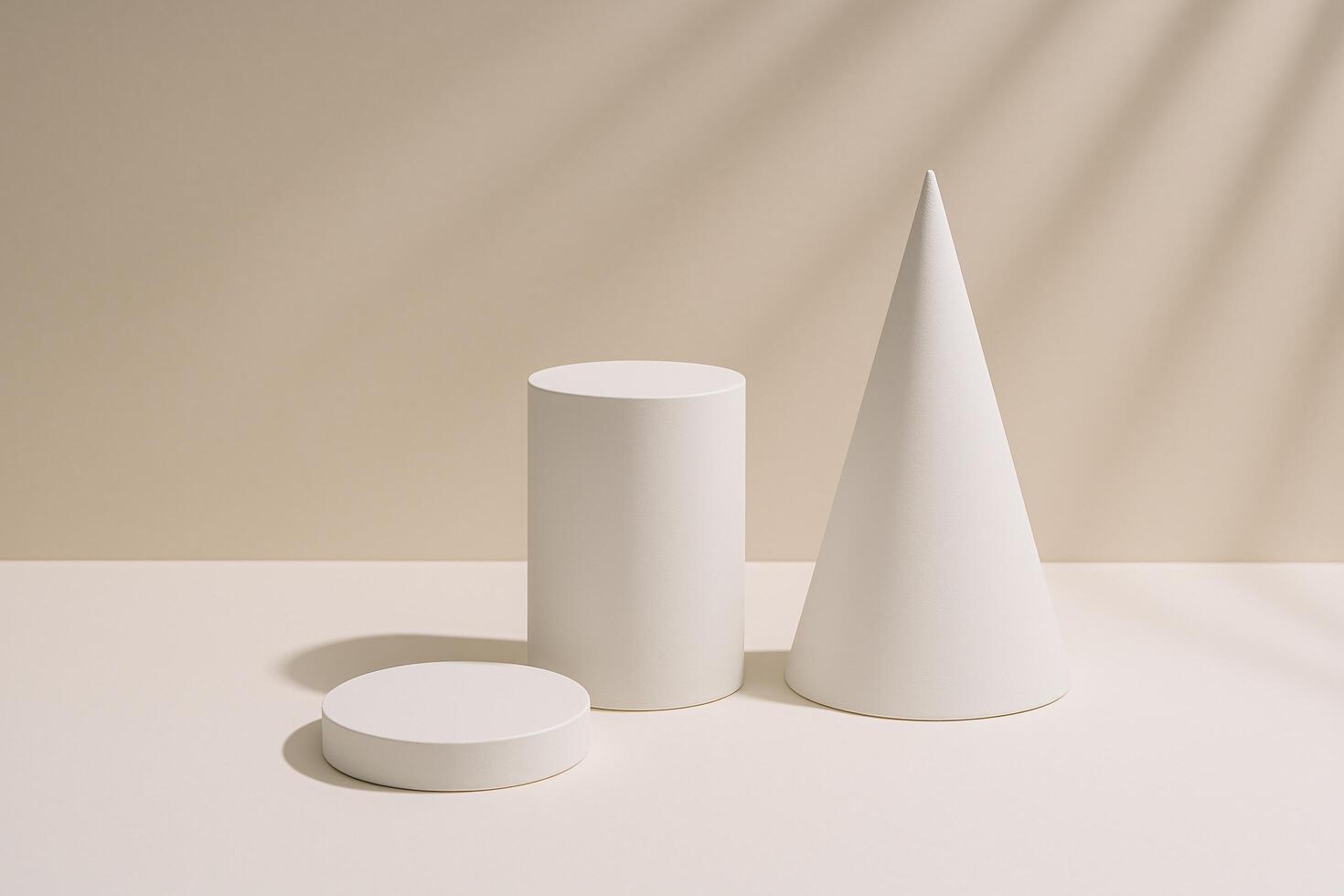 Minimalist composition featuring white geometric shapes- a cylinder, disk, and cone- arranged on a neutral background with soft, natural lighting. photo
