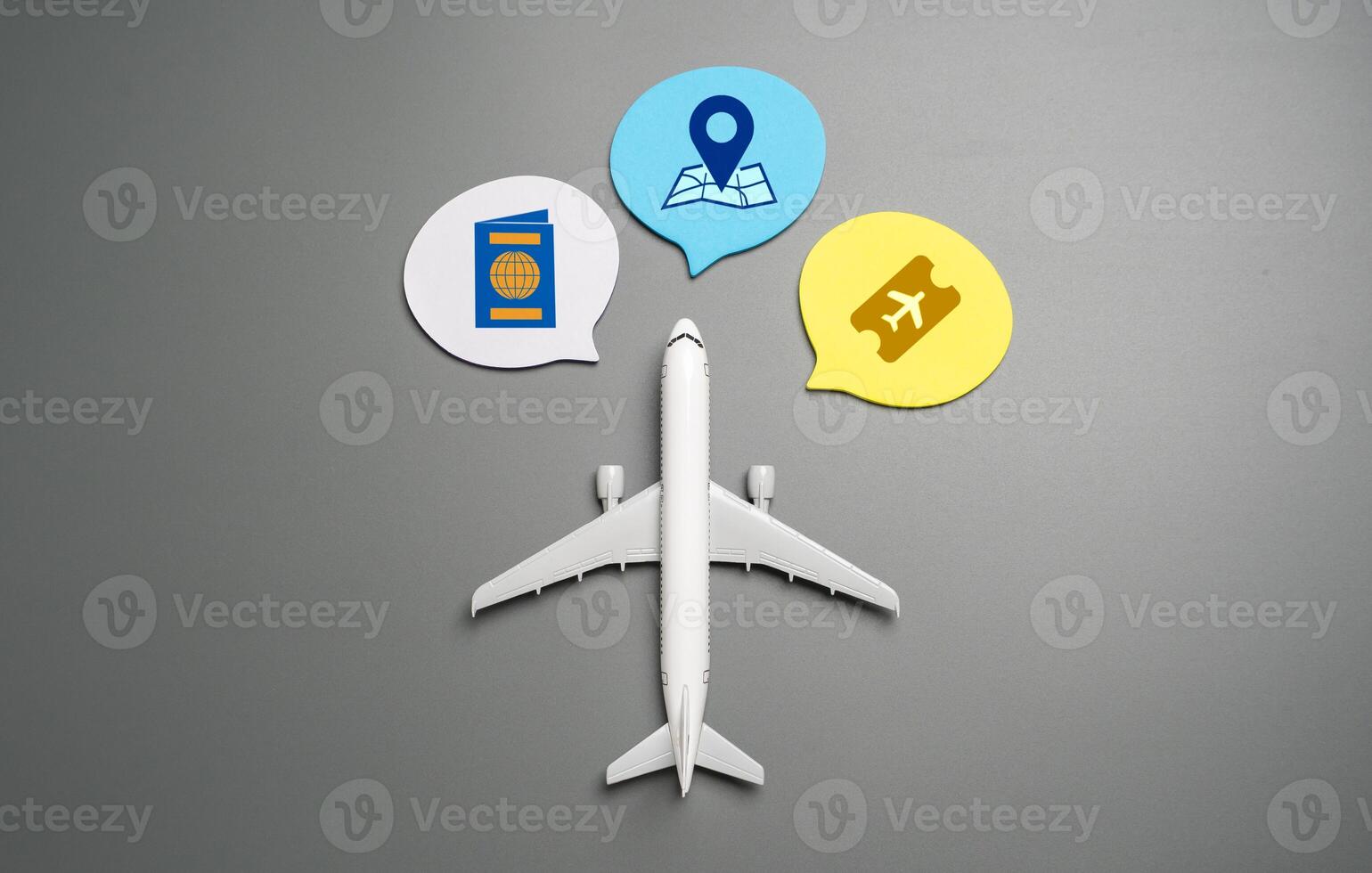 Airplane and travel attributes. Tourism and visas. Passports, plane tickets, visa approvals photo