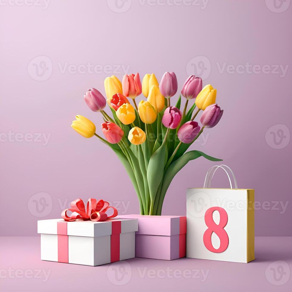 International Day on March 8 , A bouquet of tulips , next to gift boxes and bags , on a lilac background photo
