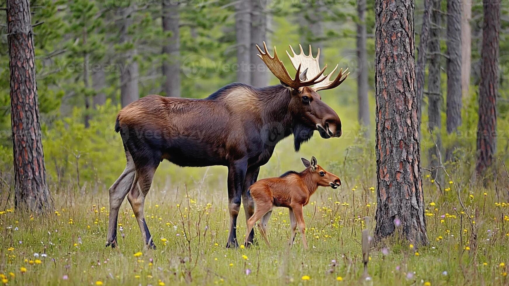 a moose and her calf in a forest photo