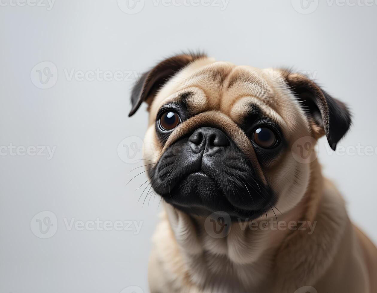 a pug dog is looking up at the camera photo