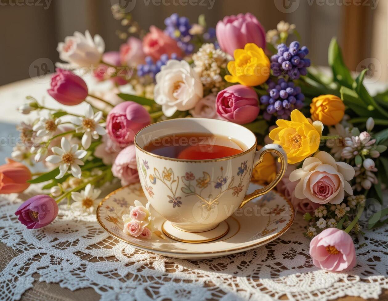 A cup of tea on a saucer stands on a table with a lace tablecloth. A bouquet of flowers with tulips and hyacinths is placed on the background, against the background of the window photo