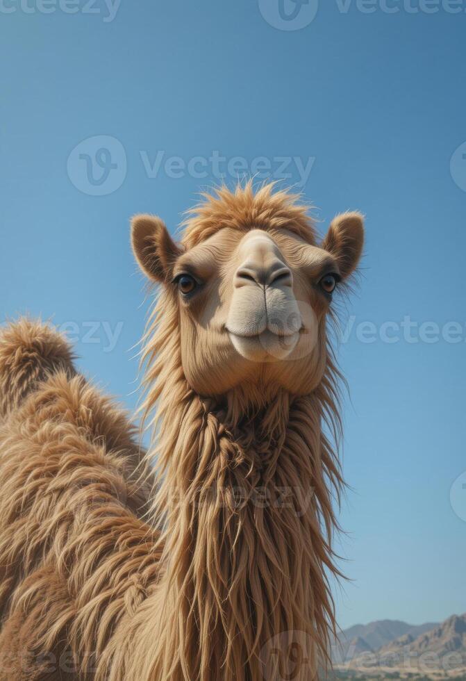 a camel with a long hair standing in the desert photo