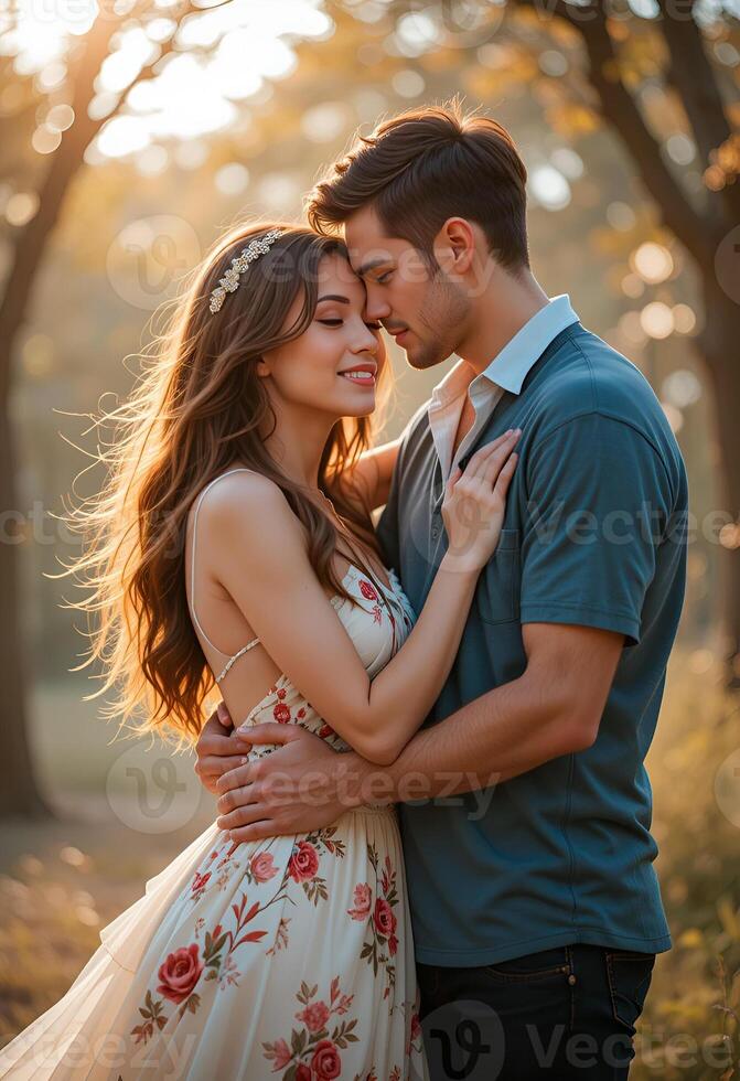 A young man hugs a young woman.A couple in love photo