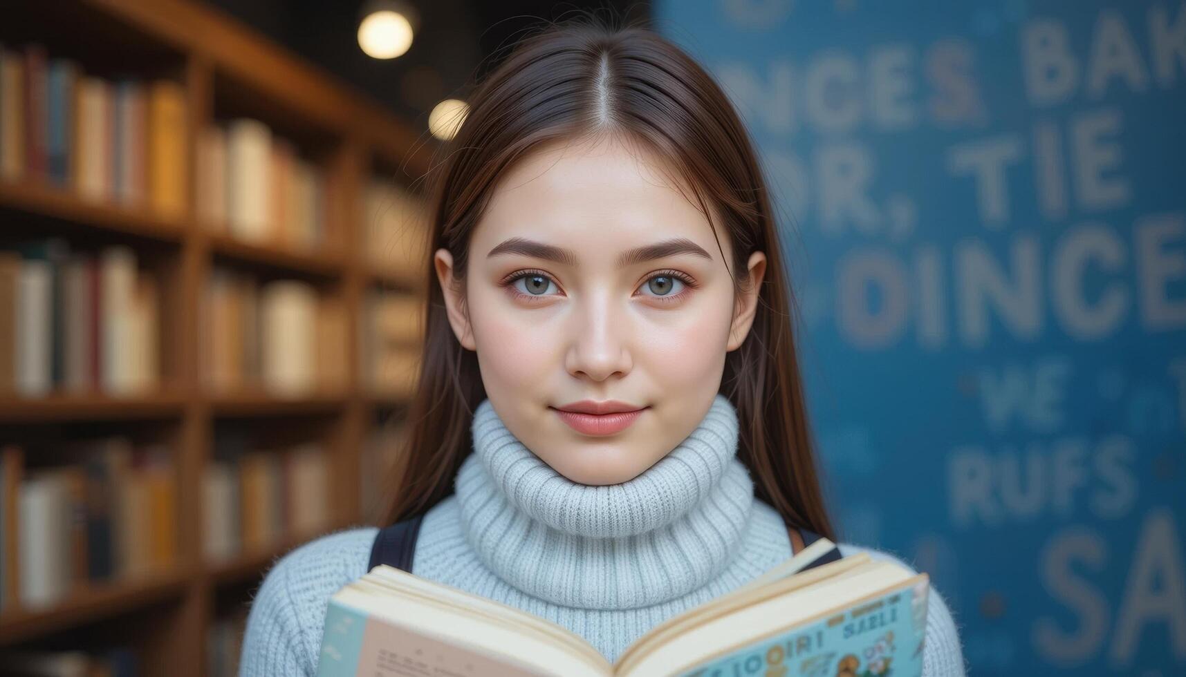 young woman reading book in library photo