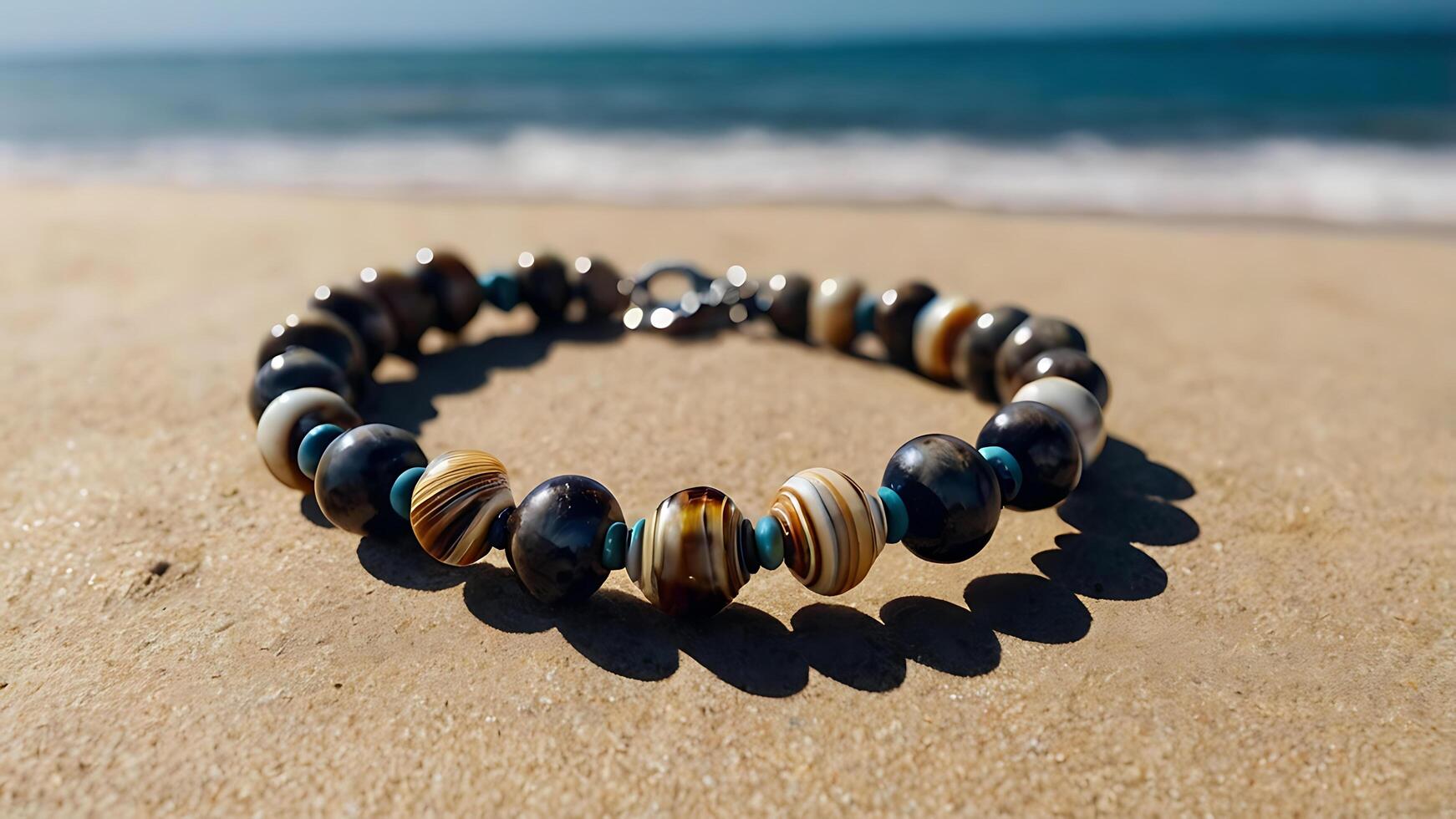 bracelet on the sand. Delicate bracelets made of natural shells against the backdrop of gentle sea waves. photo
