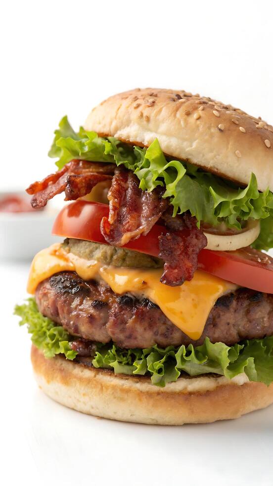 Elegant gourmet burger isolated on a clean white background - perfect for a professional menu photo