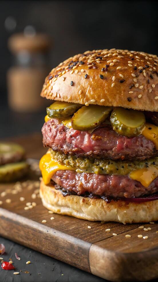 A hearty double-decker burger with two juicy beef patties, crispy pickles, spicy mustard, and a fluffy sesame bun. photo