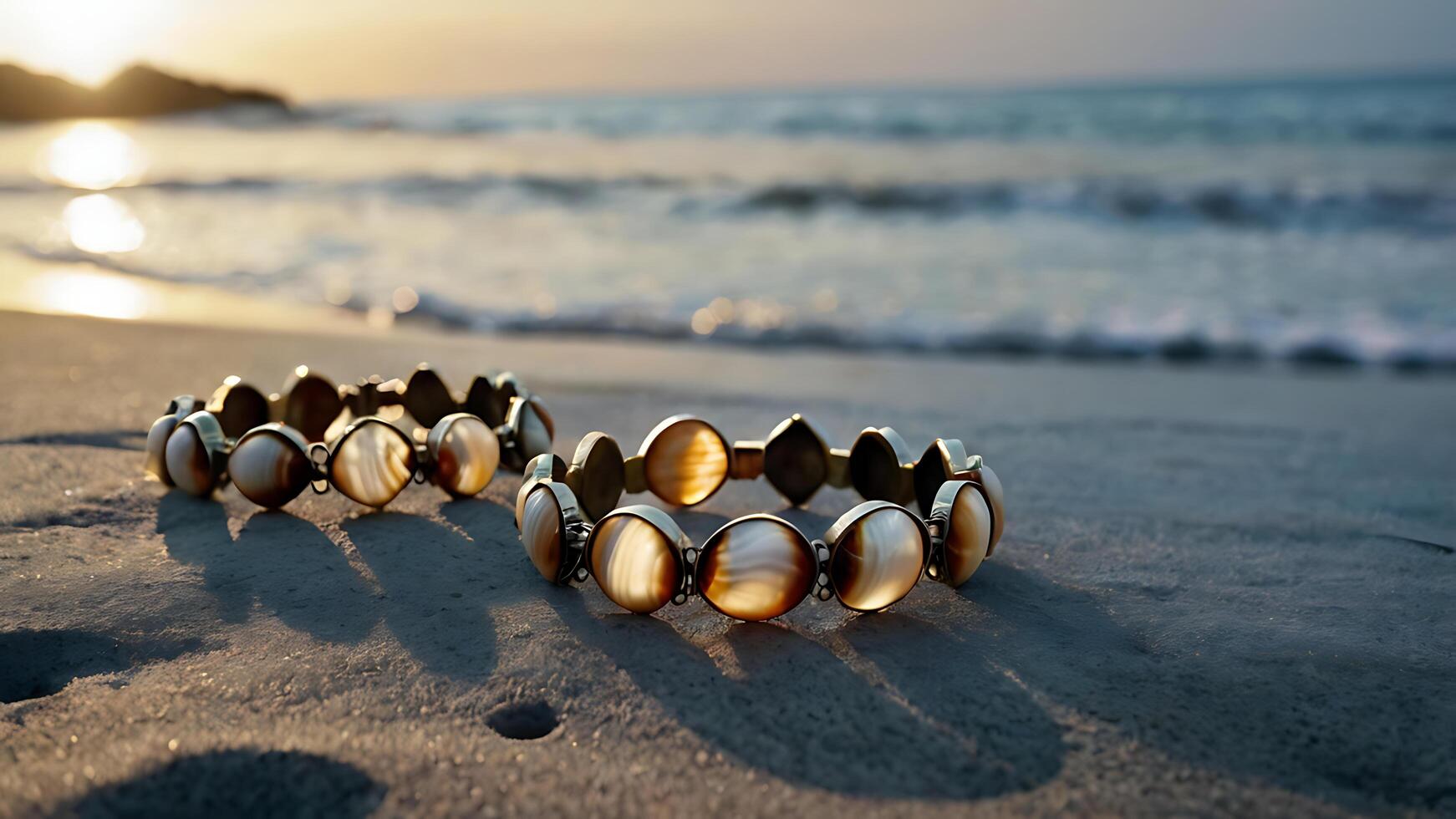 bracelet on the shore. Delicate bracelets made of natural shells against the backdrop of gentle sea waves. photo