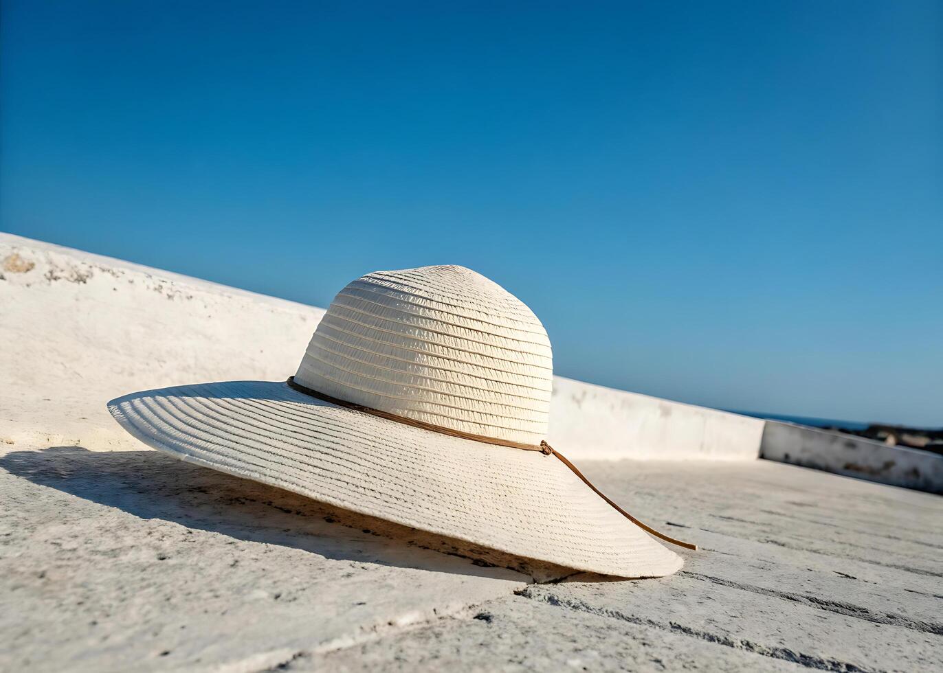 wide-brimmed hat. An elegant wide-brimmed hat stands out against a bright blue cloudless sky. Soft sun rays play on the surface of the hat photo