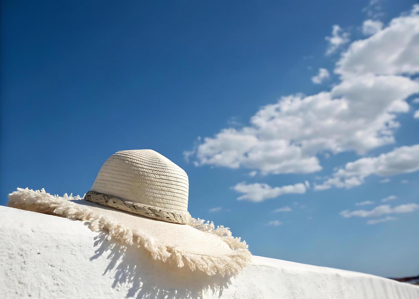 hat. An elegant wide-brimmed hat stands out against a bright blue cloudless sky. Soft sun rays play on the surface of the hat photo