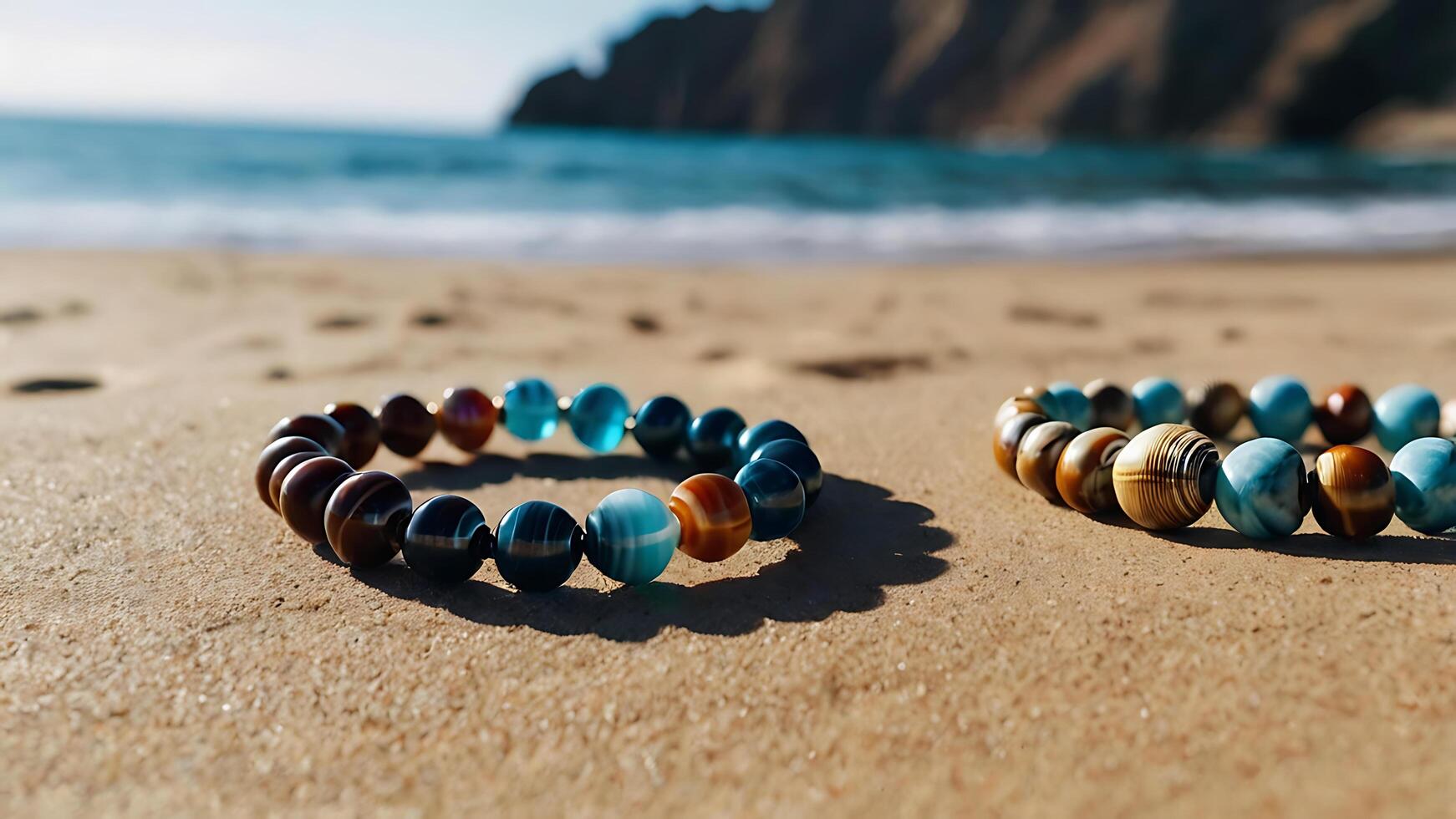 bracelet. Delicate bracelets made of natural shells against the backdrop of gentle sea waves. photo