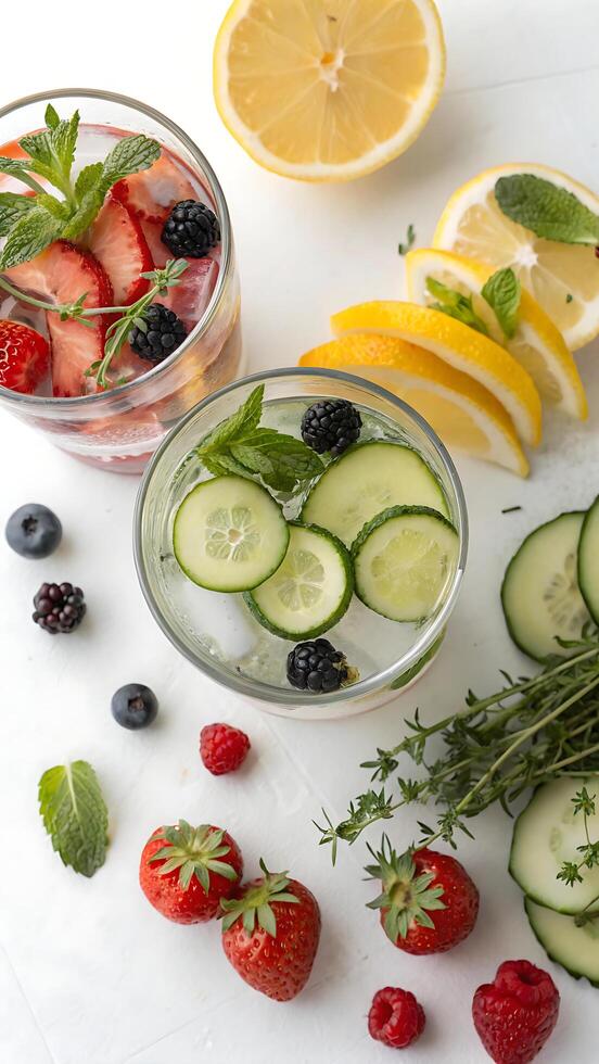Refreshing healthy summer detox drinks made with natural ingredients fresh cucumber, fragrant lemon photo