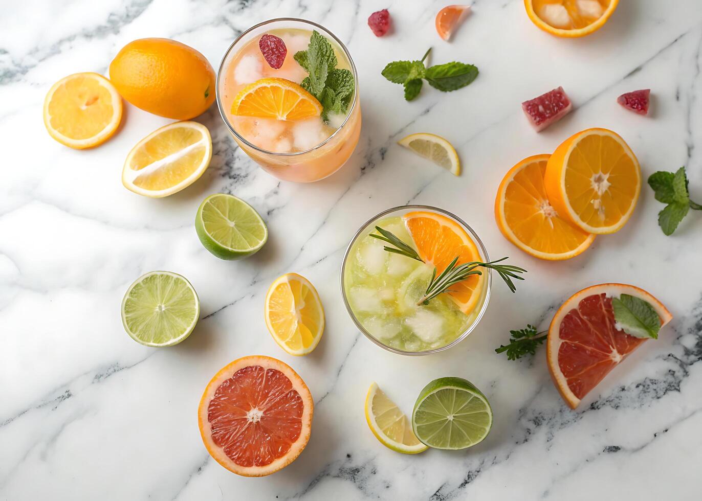 fruits. Elegant flat lay composition top view of refreshing citrus cocktails in clear glasses surrounded by fresh ingredients photo