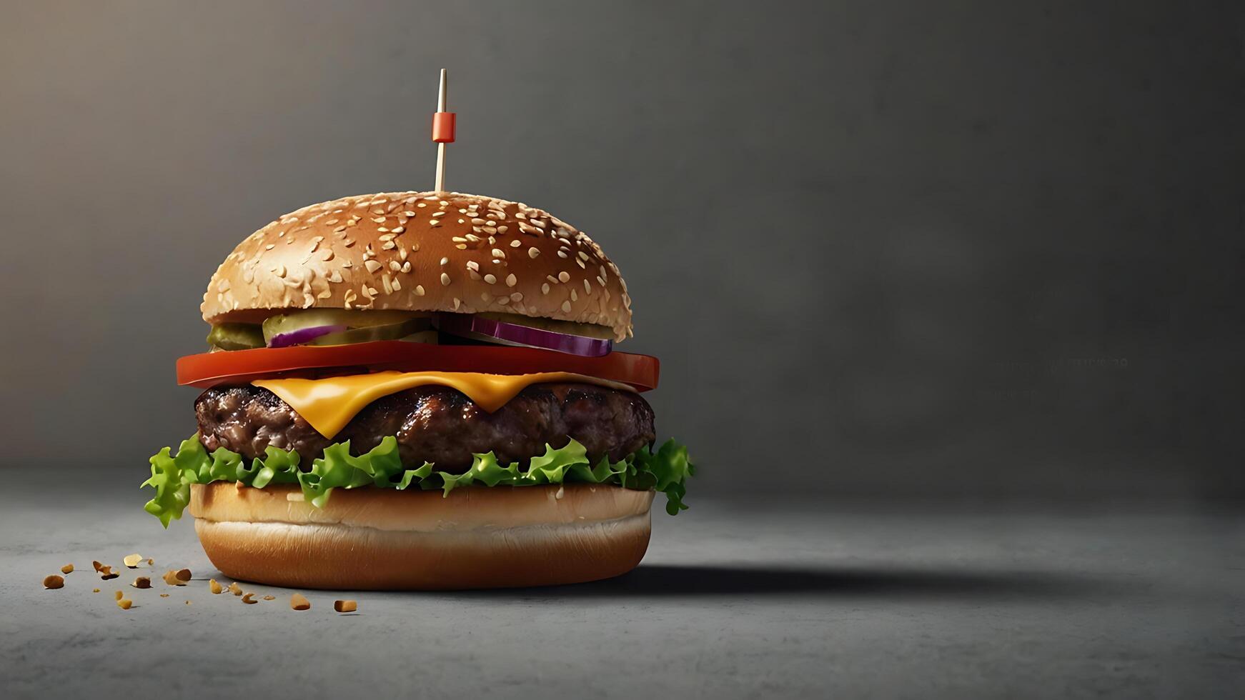 hamburger. Appetizing burger with juicy patty, melted cheese, fresh vegetables and wheat bun, perfect for advertising purposes photo