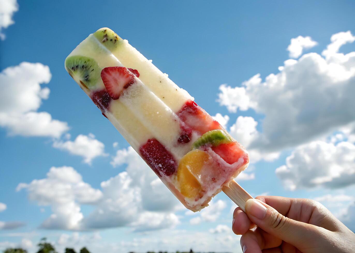 fruit ice. Refreshing fruit ice popsicles sparkling against a bright blue sky. The juicy colors of the ice create a summery, cheerful mood photo
