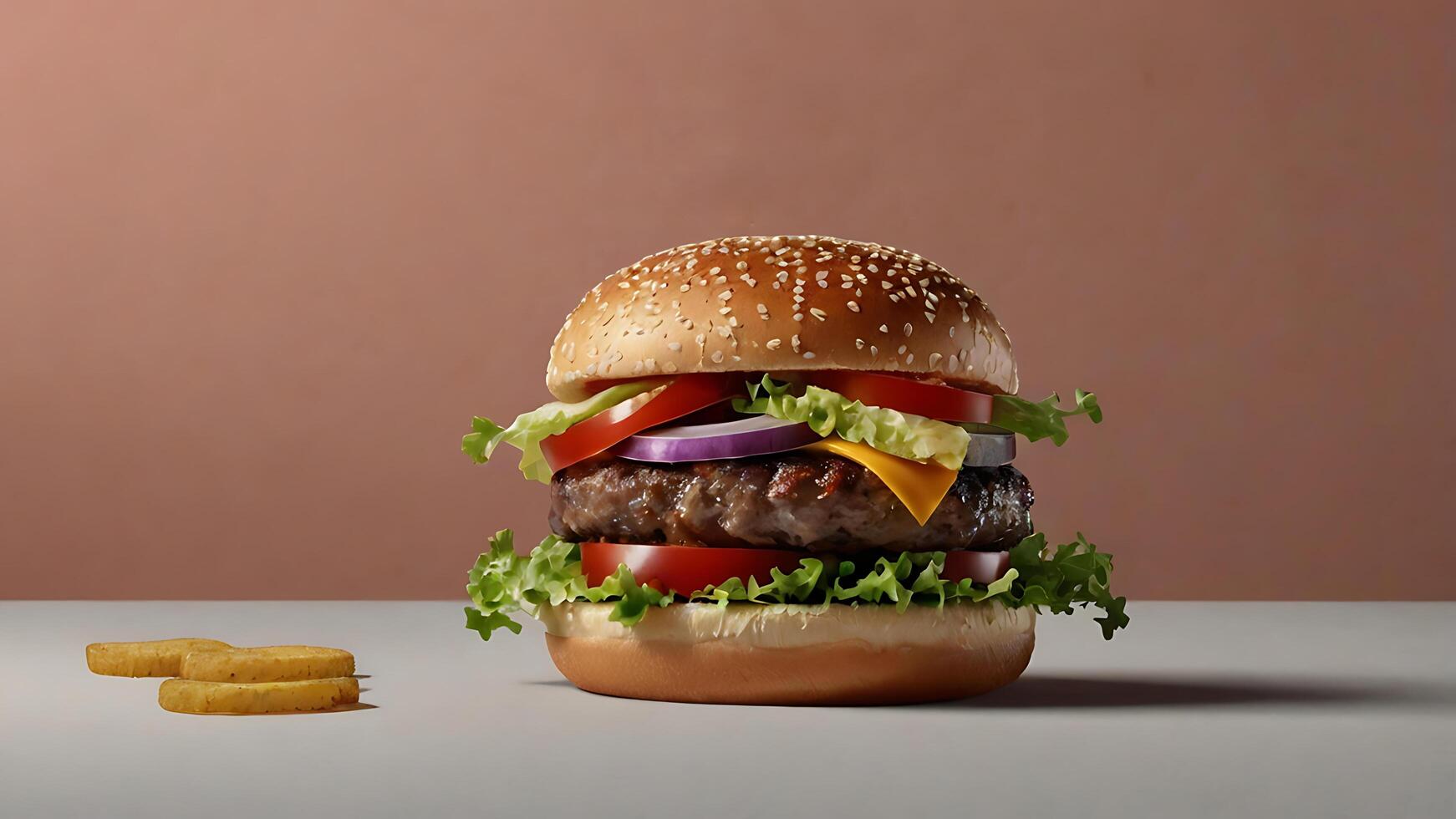 one burger. Appetizing burger with juicy patty, melted cheese, fresh vegetables and wheat bun, perfect for advertising purposes photo