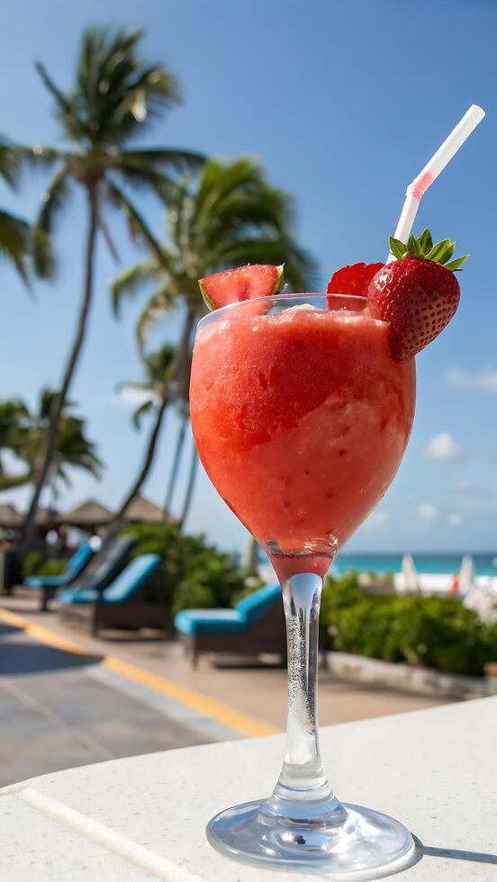 cocktail. Refreshing frozen strawberry daiquiri in a tall glass, garnished with a slice of fresh strawberry photo