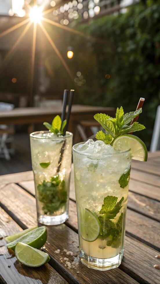 cocktail. Refreshing pair of mojito cocktails with ice cubes, fresh lime slices and aromatic mint on a wooden table photo