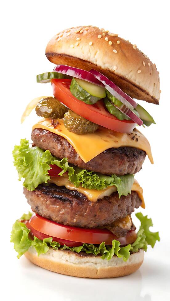 double hamburger. Elegant gourmet burger isolated on a clean white background - perfect for a professional menu photo