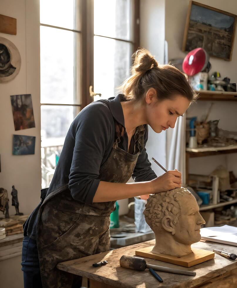 A creative female sculptor immersed in the process of creating a work of art in her studio photo
