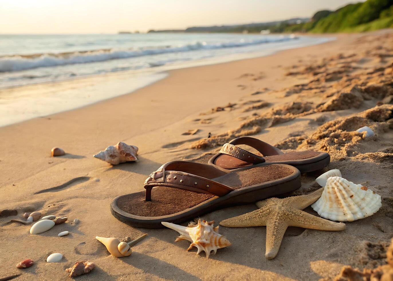 sandals on the beach. A pair of stylish sandals on golden sand, surrounded by natural shells and mysterious starfish photo
