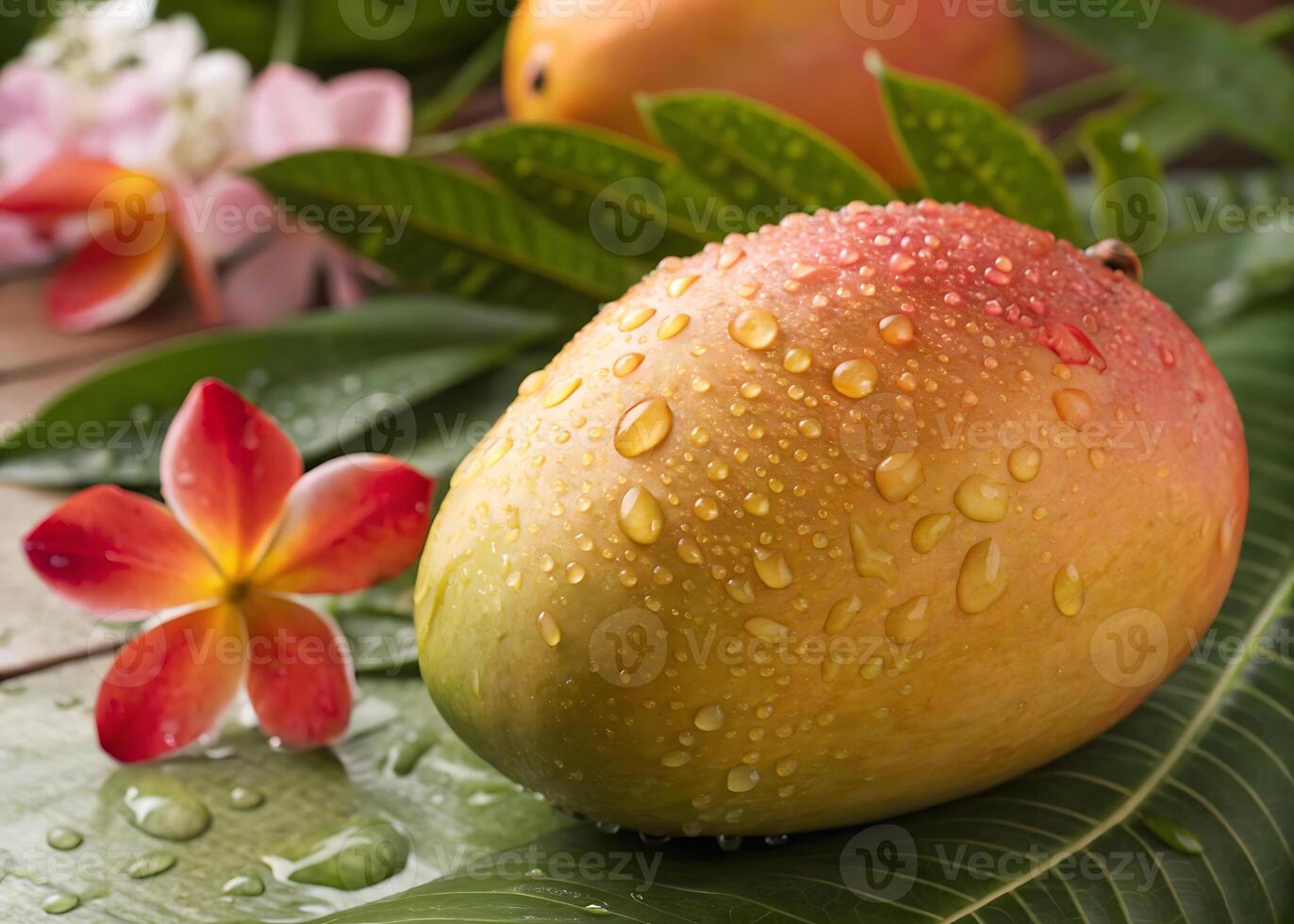 mango. Juicy ripe mango with shiny water drops sparkling against a tropical landscape photo