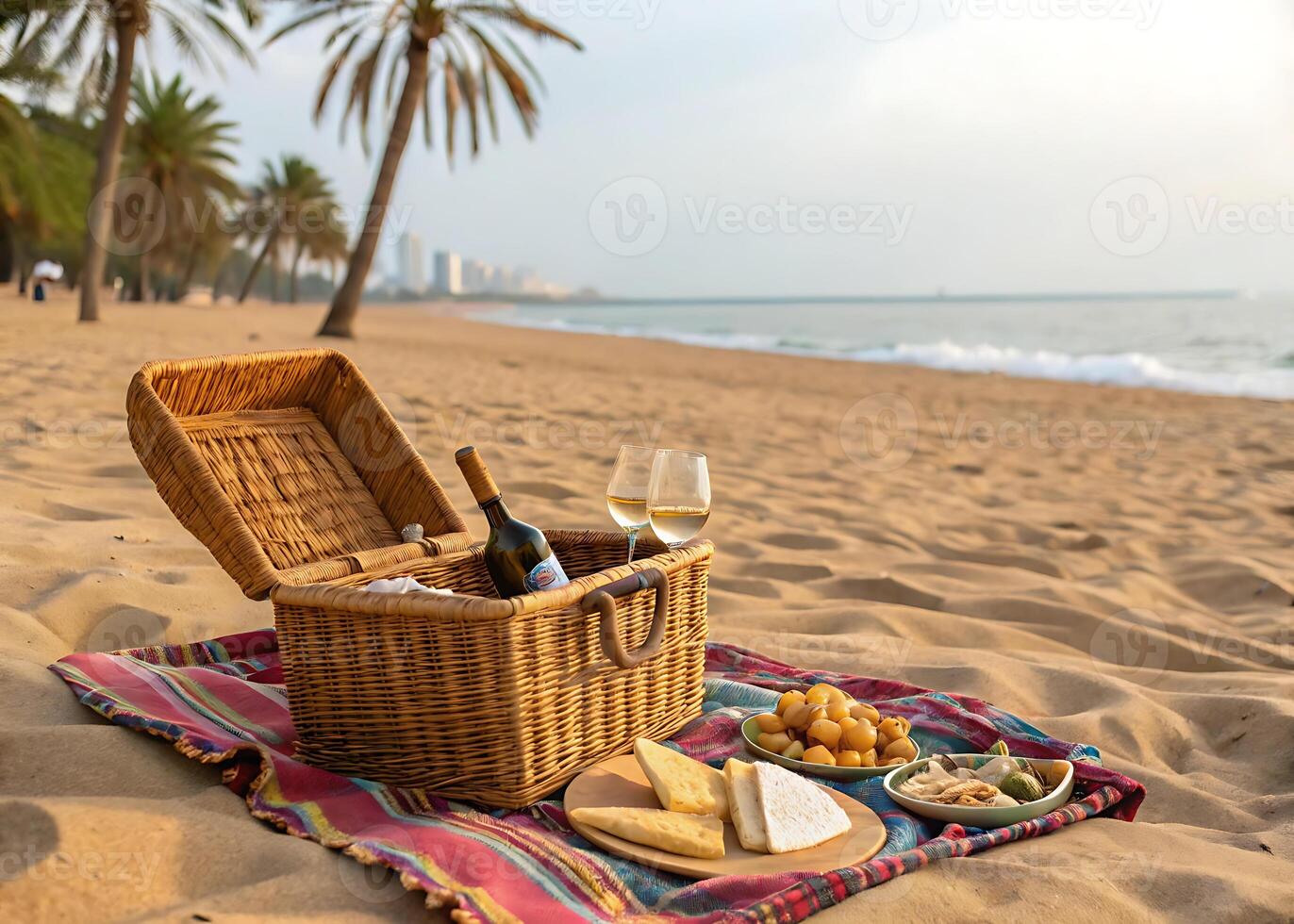 picnic. An idyllic picnic on the golden sand with a wicker basket, cheese, fresh fruit and a bottle of wine photo