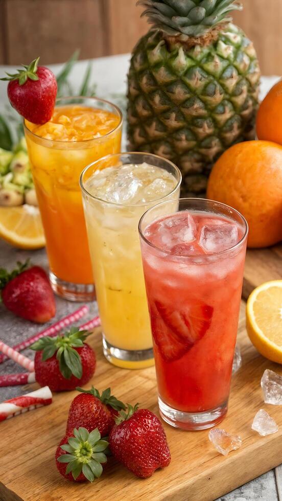 cocktails. A sparkling collection of refreshing non-alcoholic summer cocktails. Fruit juices, ice cubes of various shapes photo