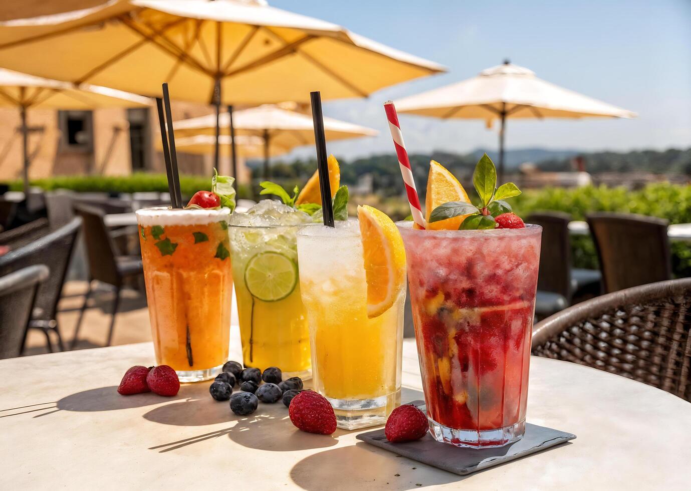 various cocktails. A sparkling collection of refreshing non-alcoholic summer cocktails. Fruit juices, ice cubes of various shapes photo