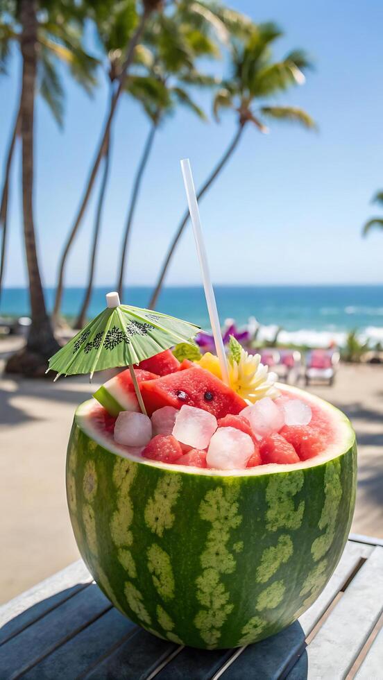 cocktail. Refreshing watermelon cocktail in a carved watermelon shell, decorated with tropical elements - pineapple slices photo