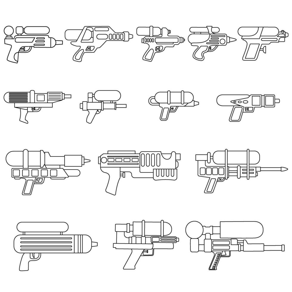 Water gun icons set. Outline illustration of 16 water gun icons for web vector