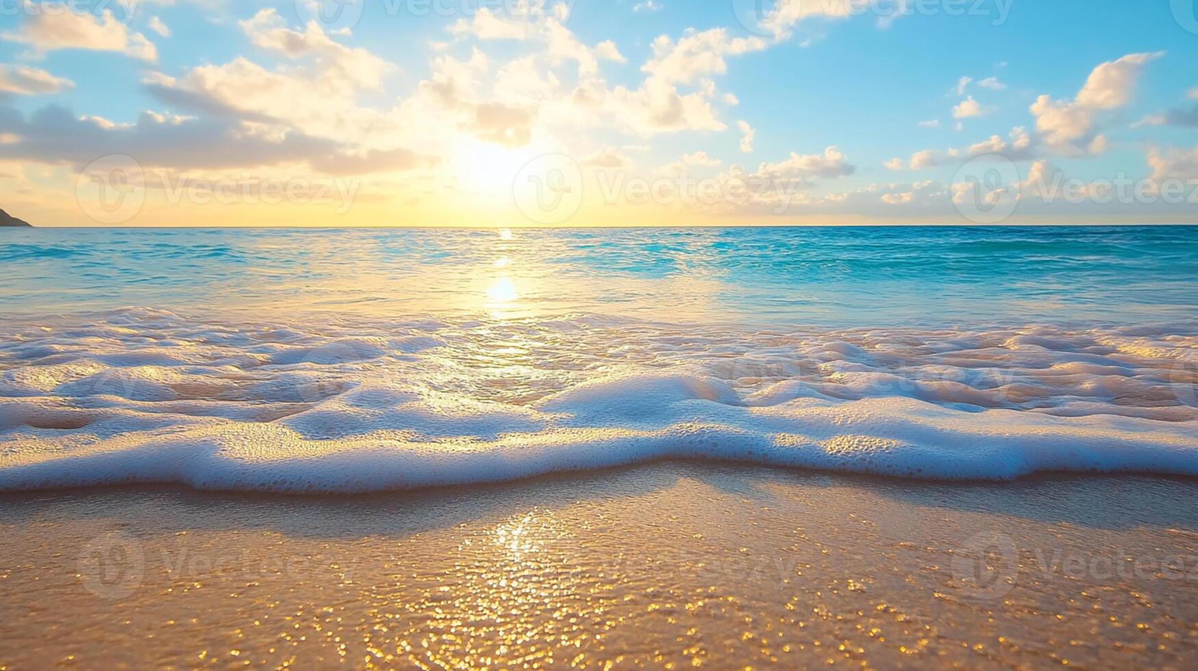 Peaceful Beach at Sunset with Gentle Waves and Foam. Serene Ocean View photo