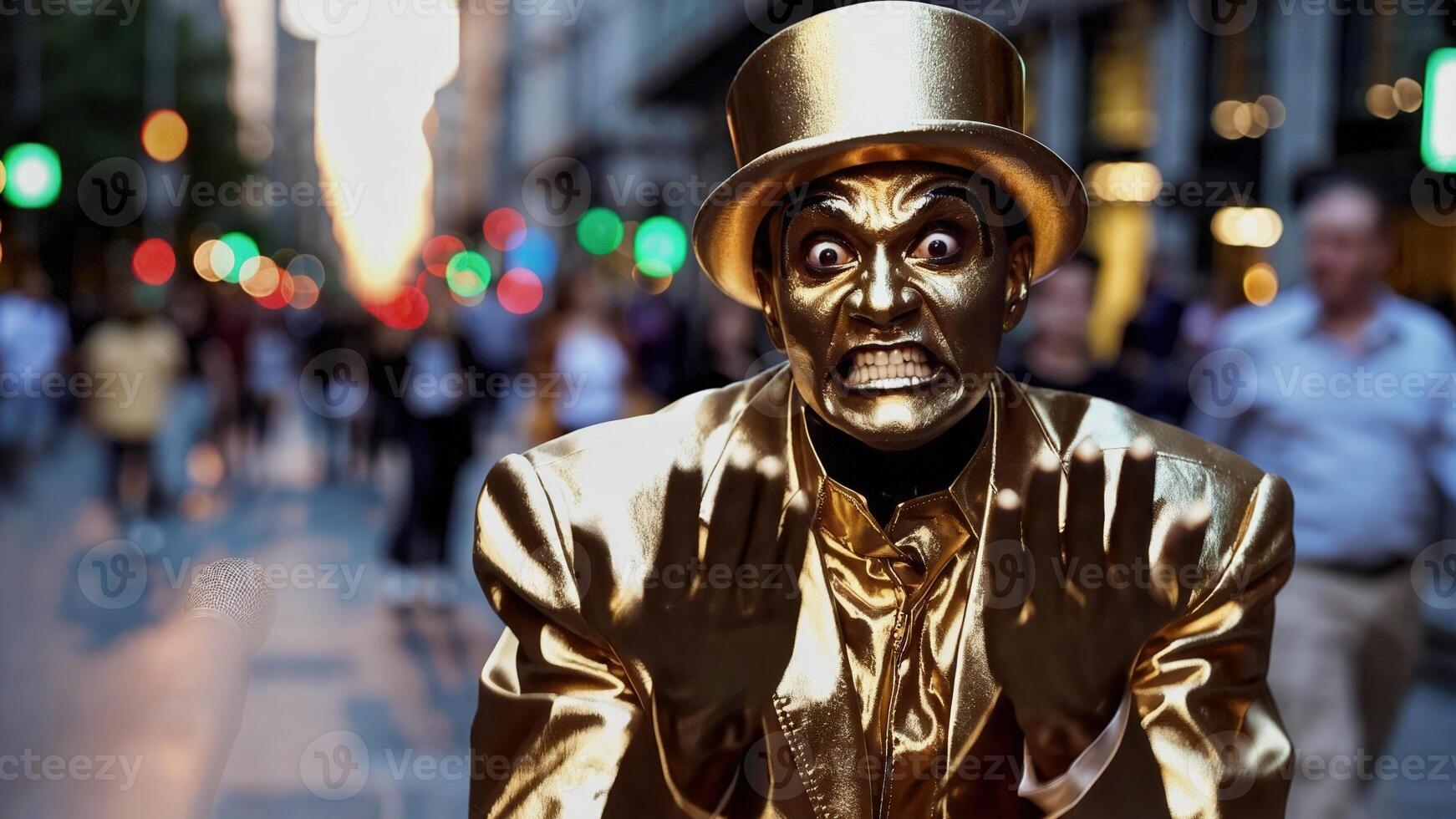 A man in a gold costume is standing in the middle of a city photo