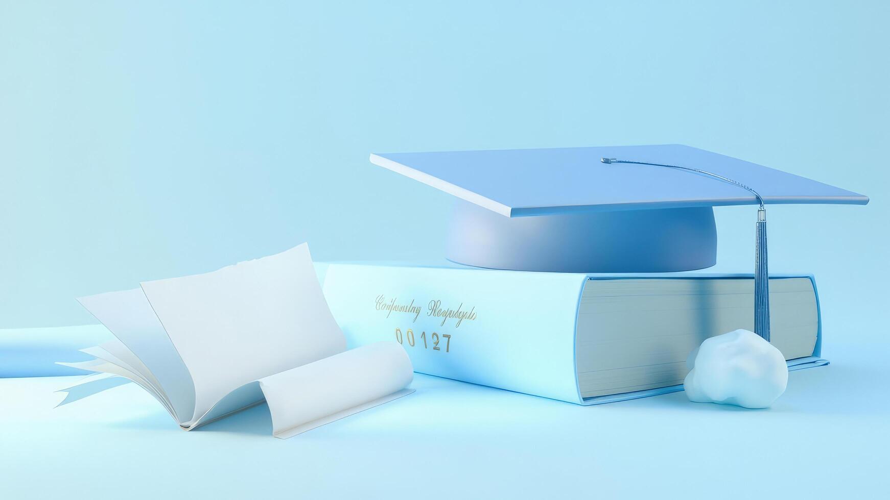 A graduation cap and a book on a blue background photo