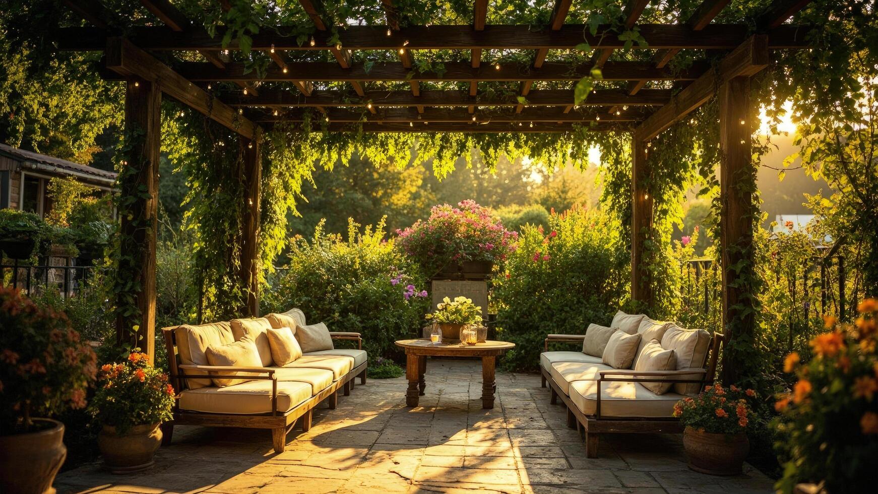A patio with couches and tables under a pergola photo