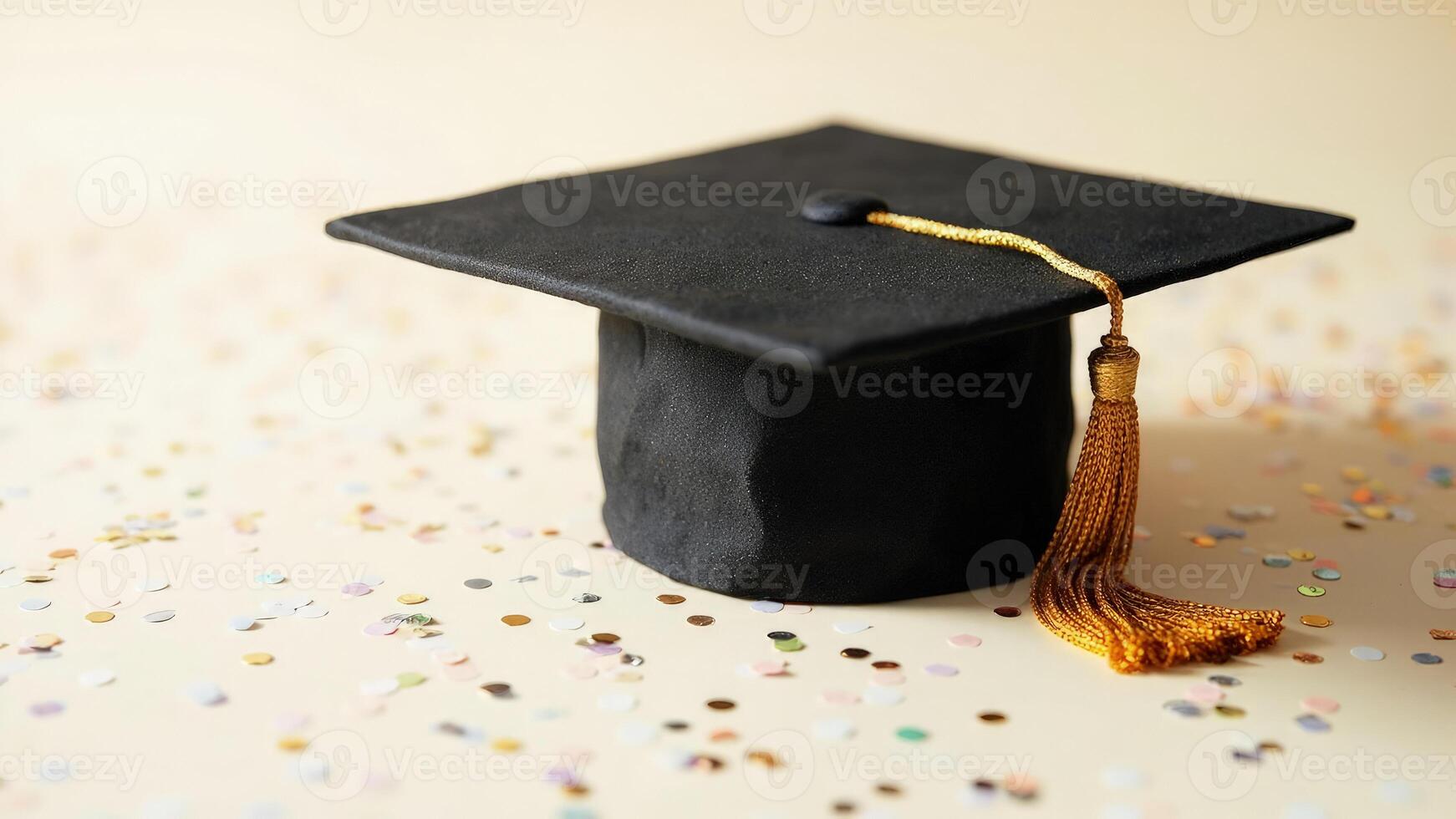 A graduation cap sits on a table with confetti photo