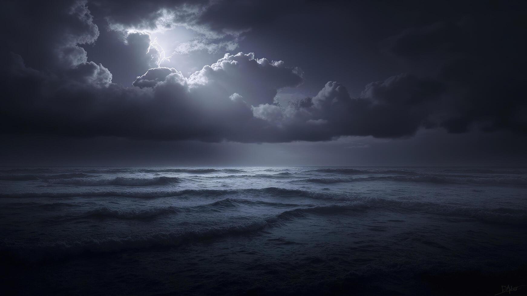 A dark and stormy night with clouds over the ocean photo