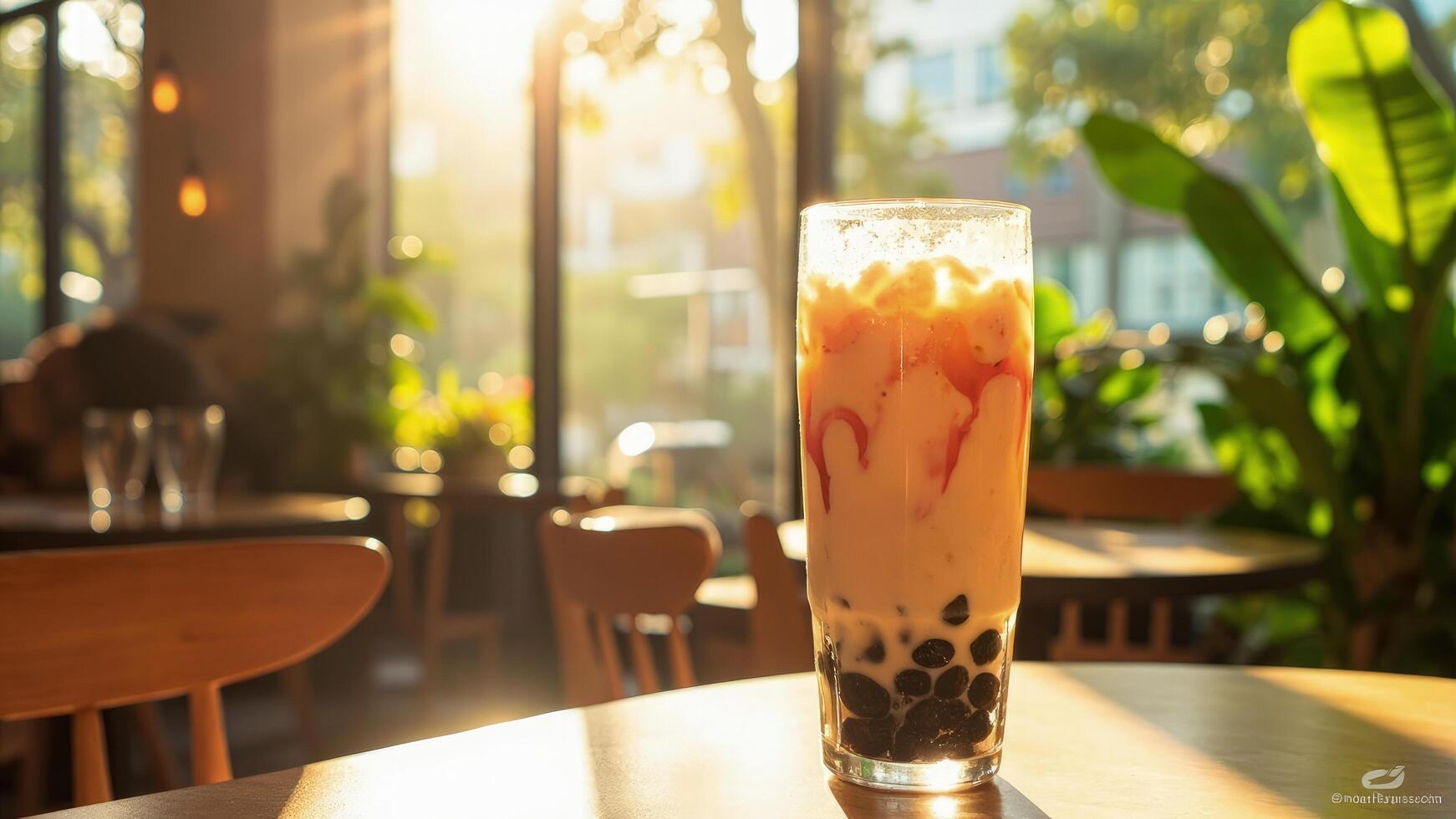 A glass of bubble tea sitting on a table photo
