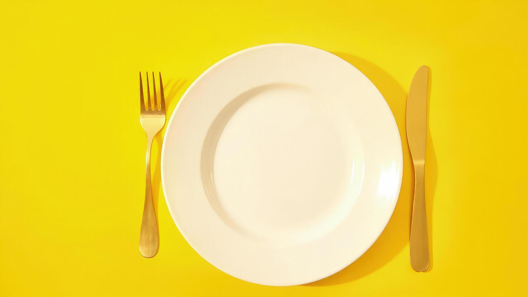 A white plate with a fork and knife on a yellow background photo