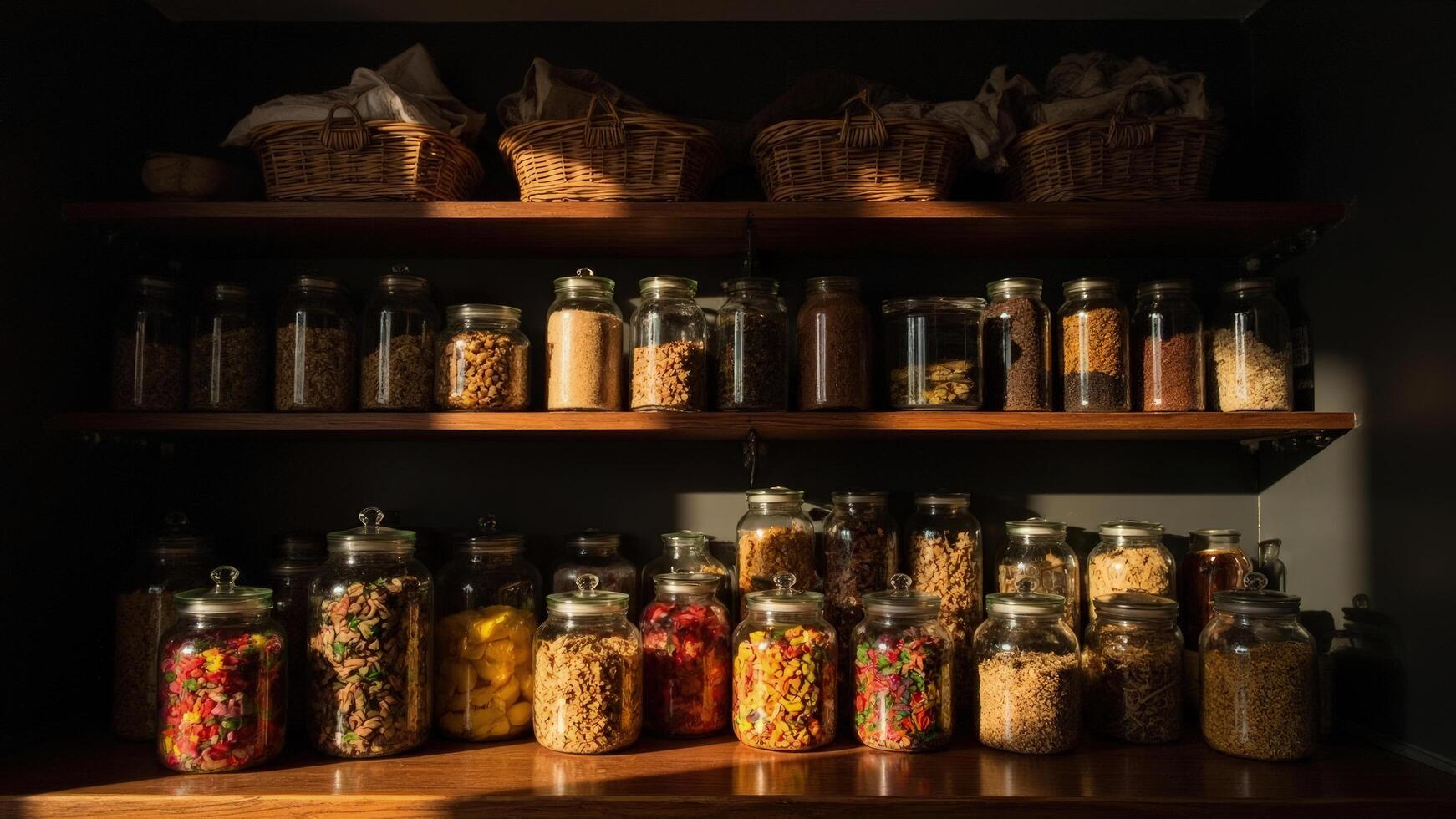 A shelf filled with jars of food and other items photo