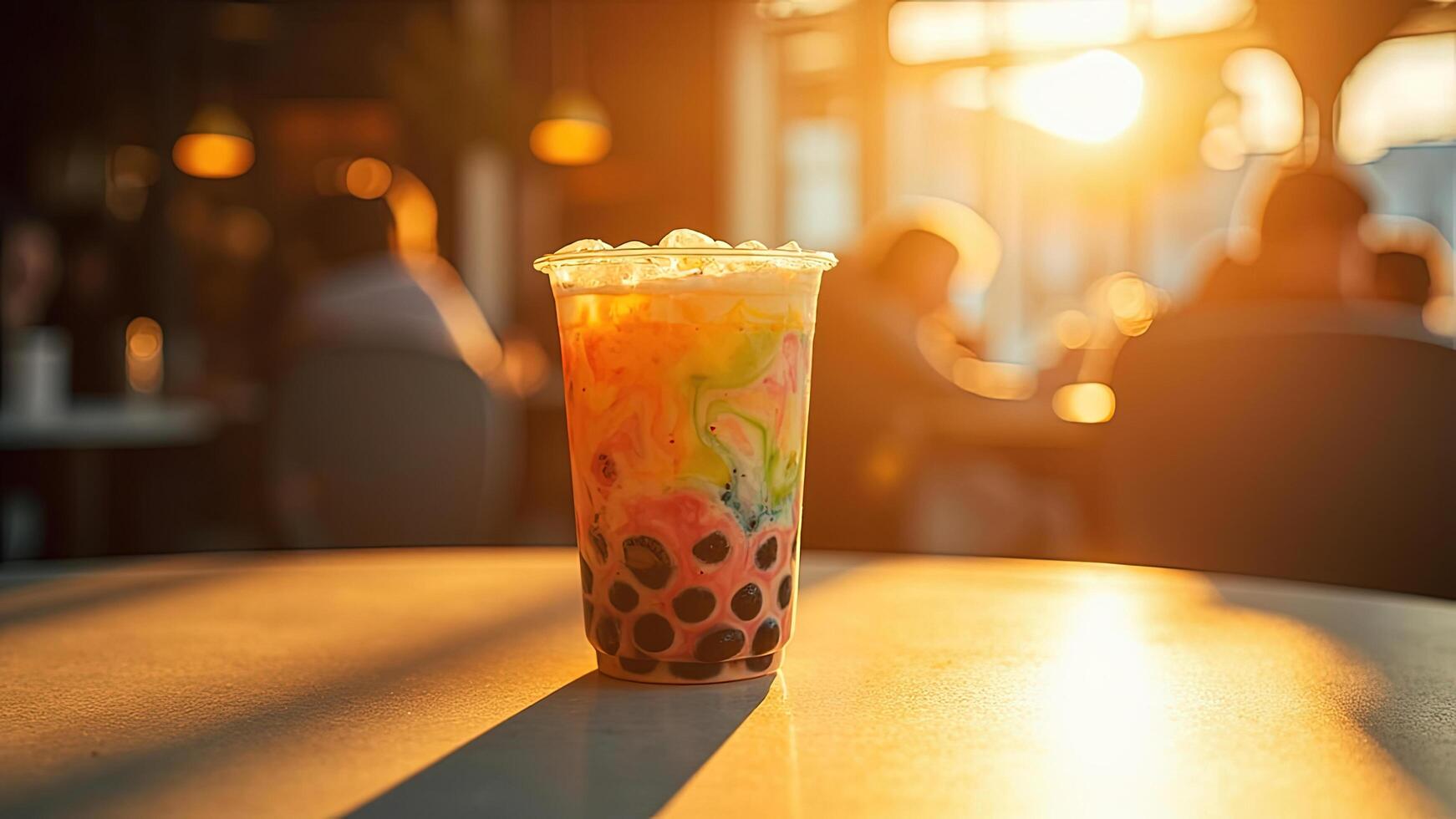 A bubble tea drink with a colorful drink on a table photo