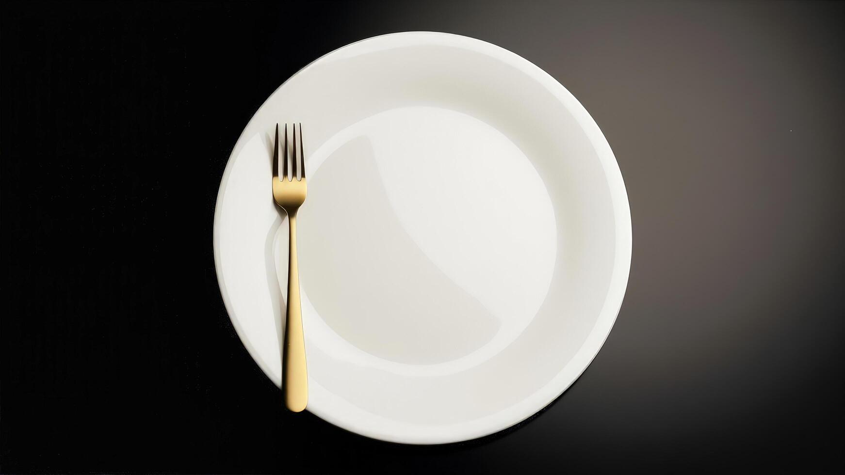 Empty white plate with fork and knife on black background photo