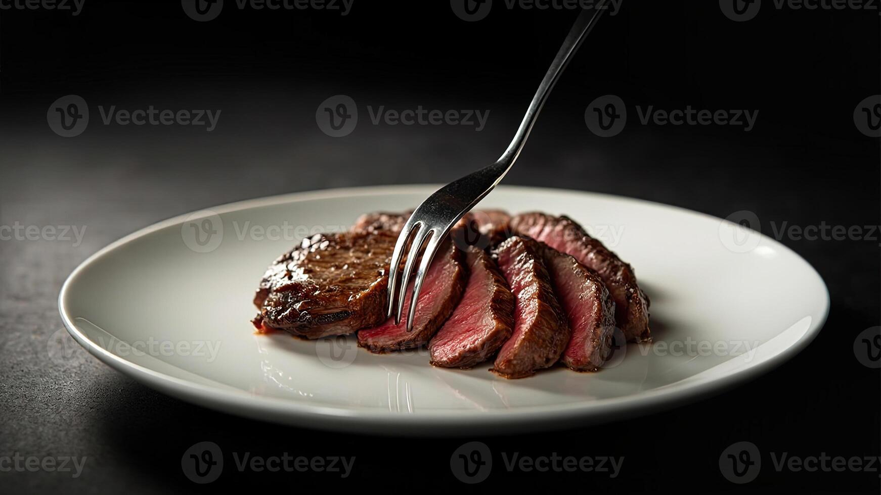 A fork is holding a piece of steak on a plate photo