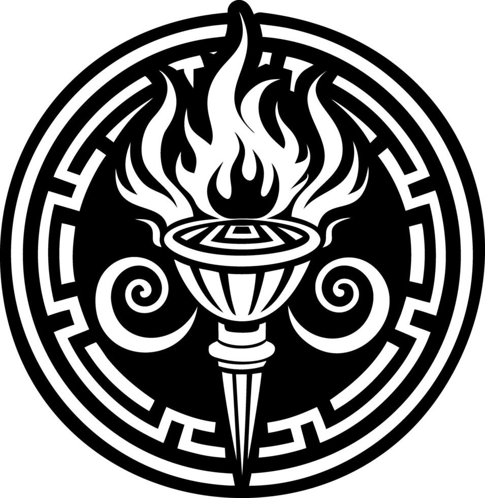 A black and white logo with a flame on it vector