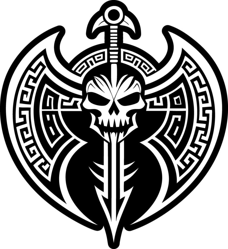 A solid style icon depicting skull axe vector